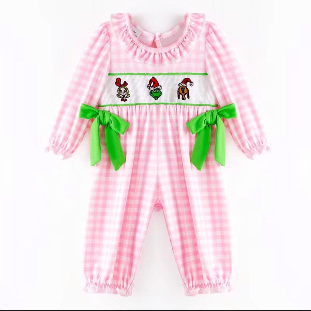 Pink Gingham Character Smocked Boutique Bow Grinch Long Sleeve One Piece Romper